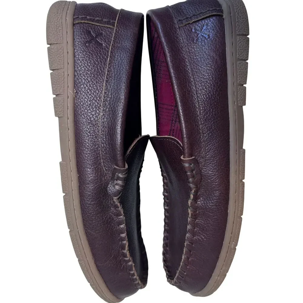 Flannel Lined Leather Moccasin House Shoes Lands End Men's Size 12D Brown Plaid